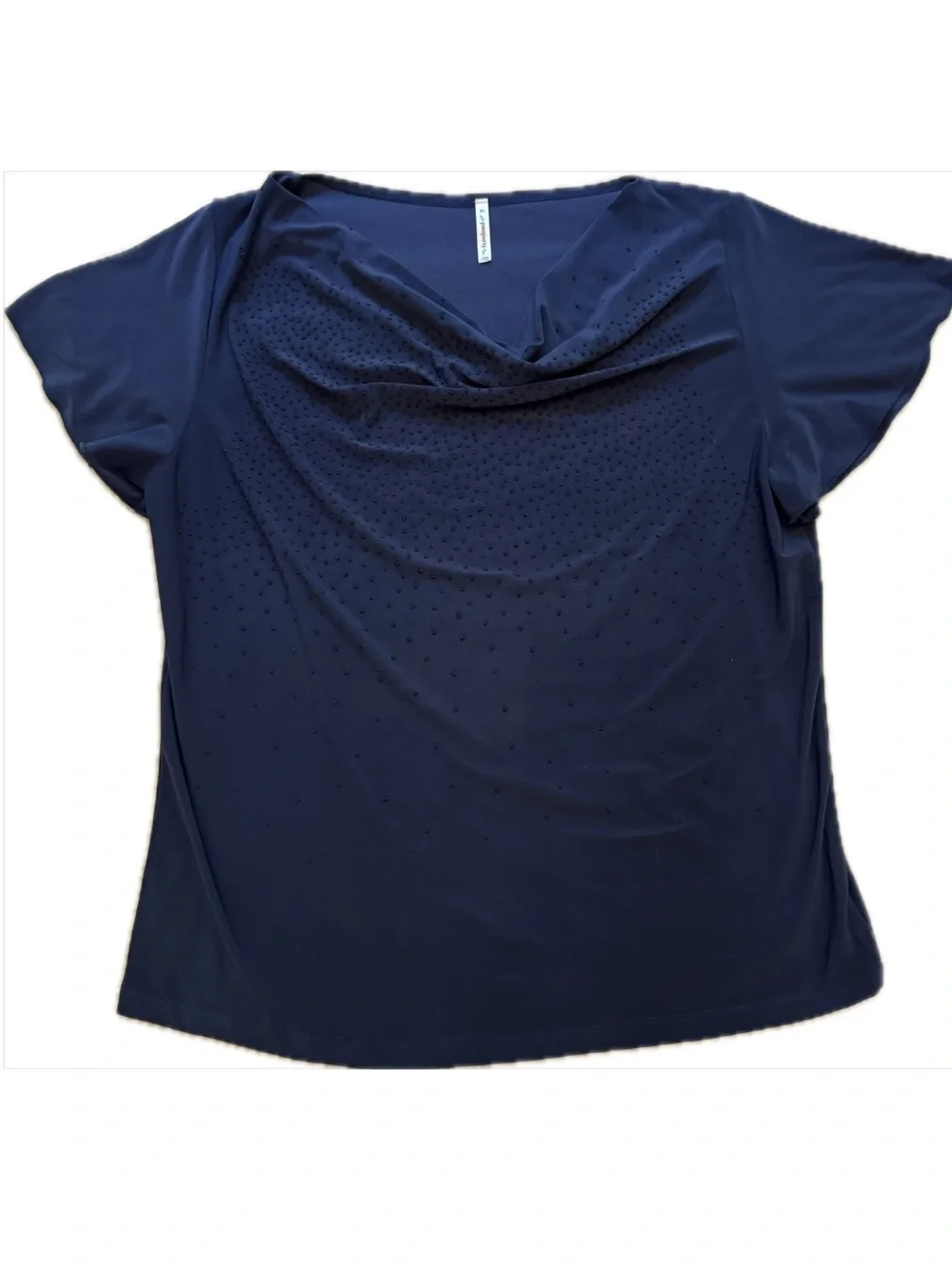 Passport Navy Beaded Cowl Neck Short Sleeve Blouse